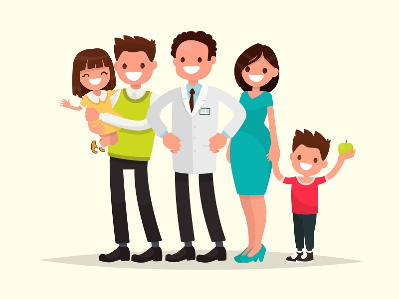 Family dentist. The dentist and his smiling patients . Vector illustration of a flat design